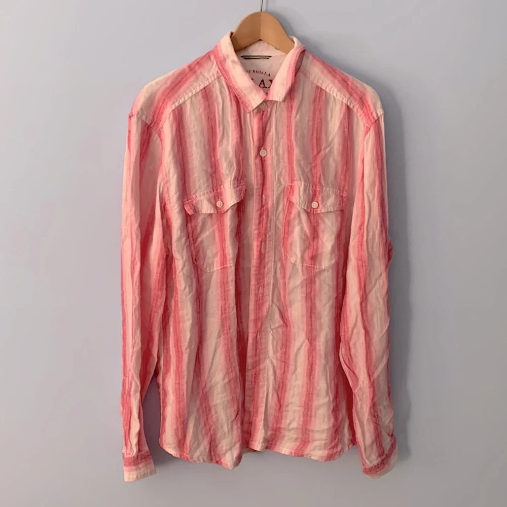 Tommy bahama relax pink stripe linen button down shirt size LARGE